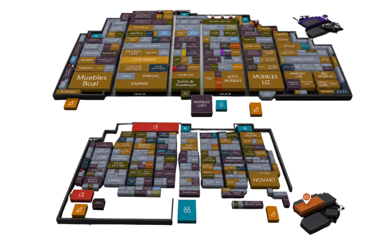 Two views of the Senda smart map with stands, entrances and event services